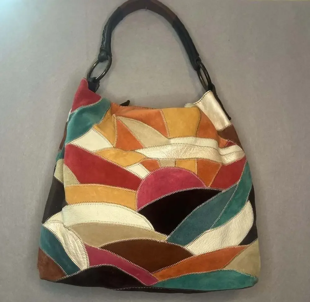 Lucky Brand Y2K Multicolor Patchwork Suede Leather Hobo Shoulder Bag Boho